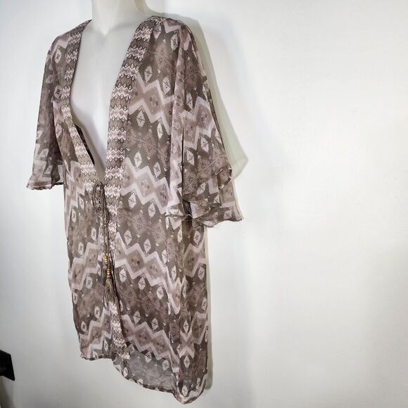 Steve Madden Womens Kimono One Size OSFM Ikat Printed Short Sleeve Clay Tassels - Picture 6 of 12